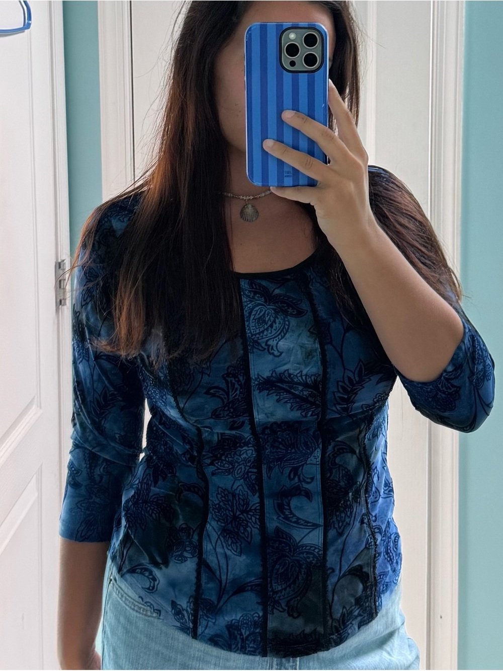 Sami & Jo Blue Floral Sheer Panel Blouse